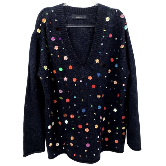 Zara Knit Oversized V-Neck Sweater Medium Blue Multicolor Sequin - Picture 2 of 7